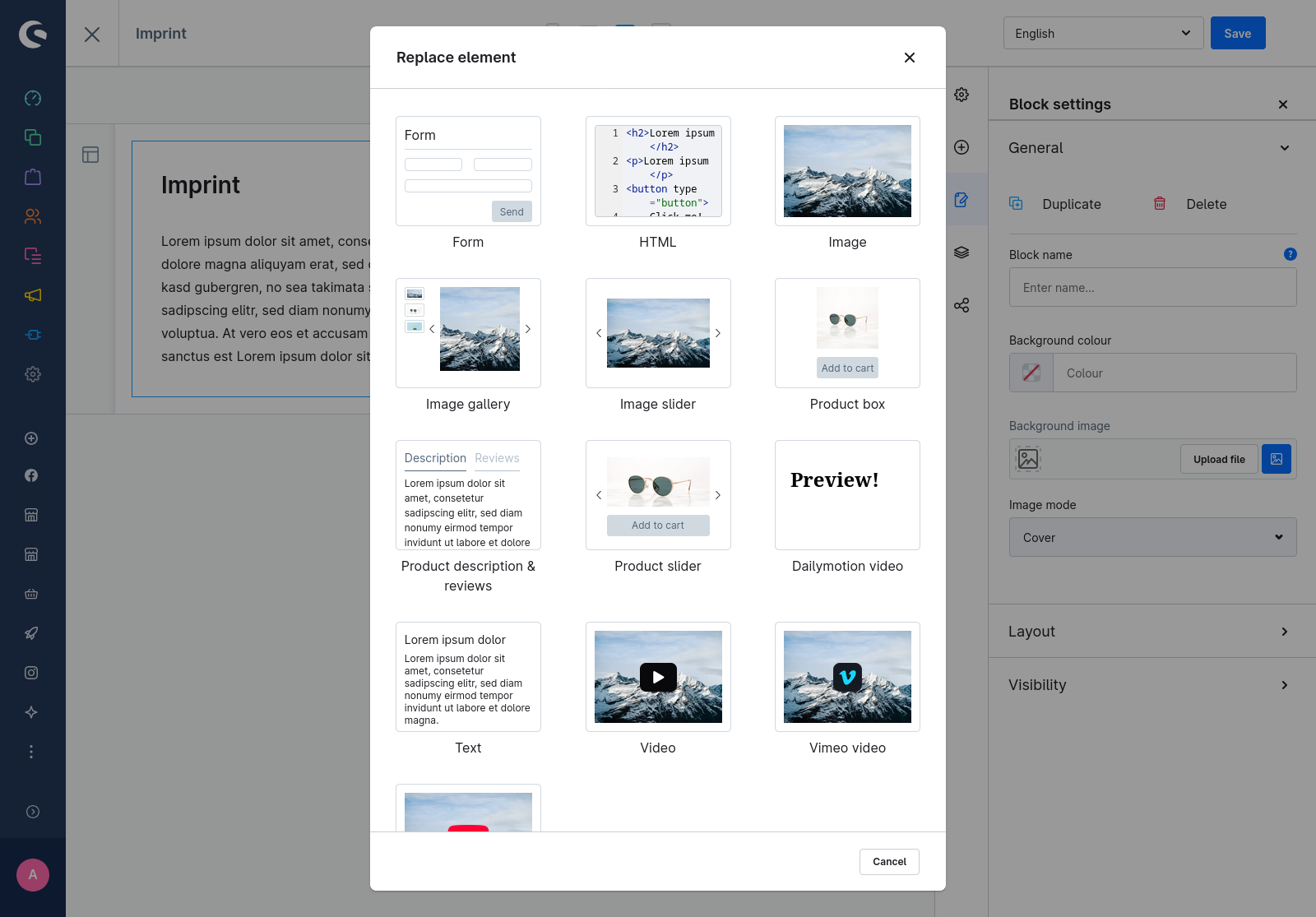 Dailymotion element preview The image shows the "Replace element" modal to replace the current block with another element. Depicted is the Dailymotion element which has the text "Preview!" as the element preview as configured in this example.
